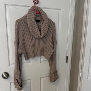 Cotton Candy Taupe Cropped Cowl Neck Sweater